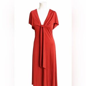 Vintage Red Maxi Dress • Deep V Tie Front • Draped Cowl Back • 70s Glam Goddess